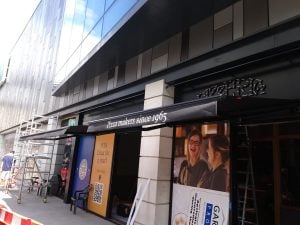 Side view of black shop awning