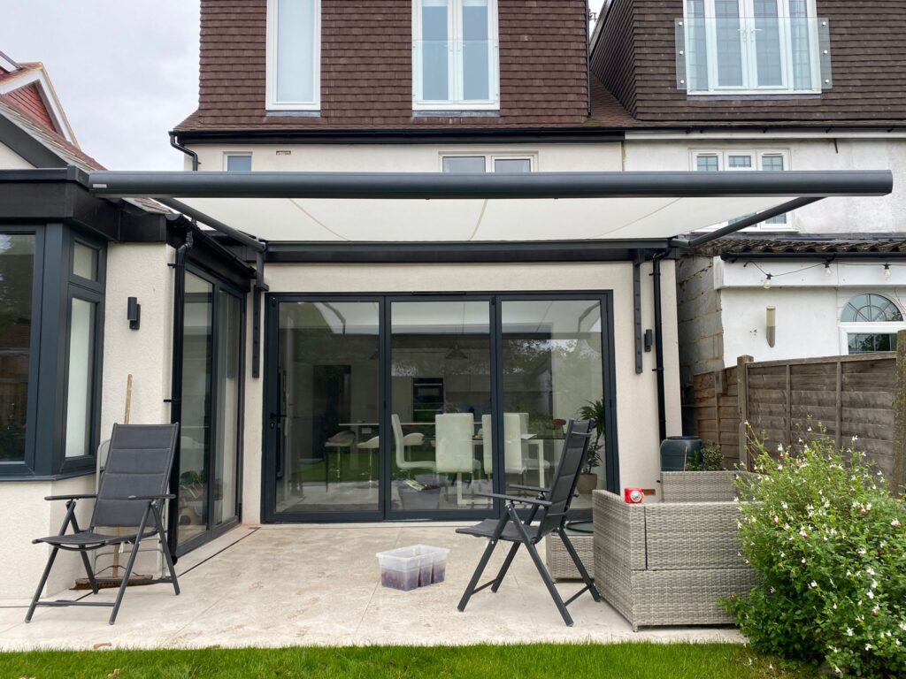 Front view of white patio awning of house