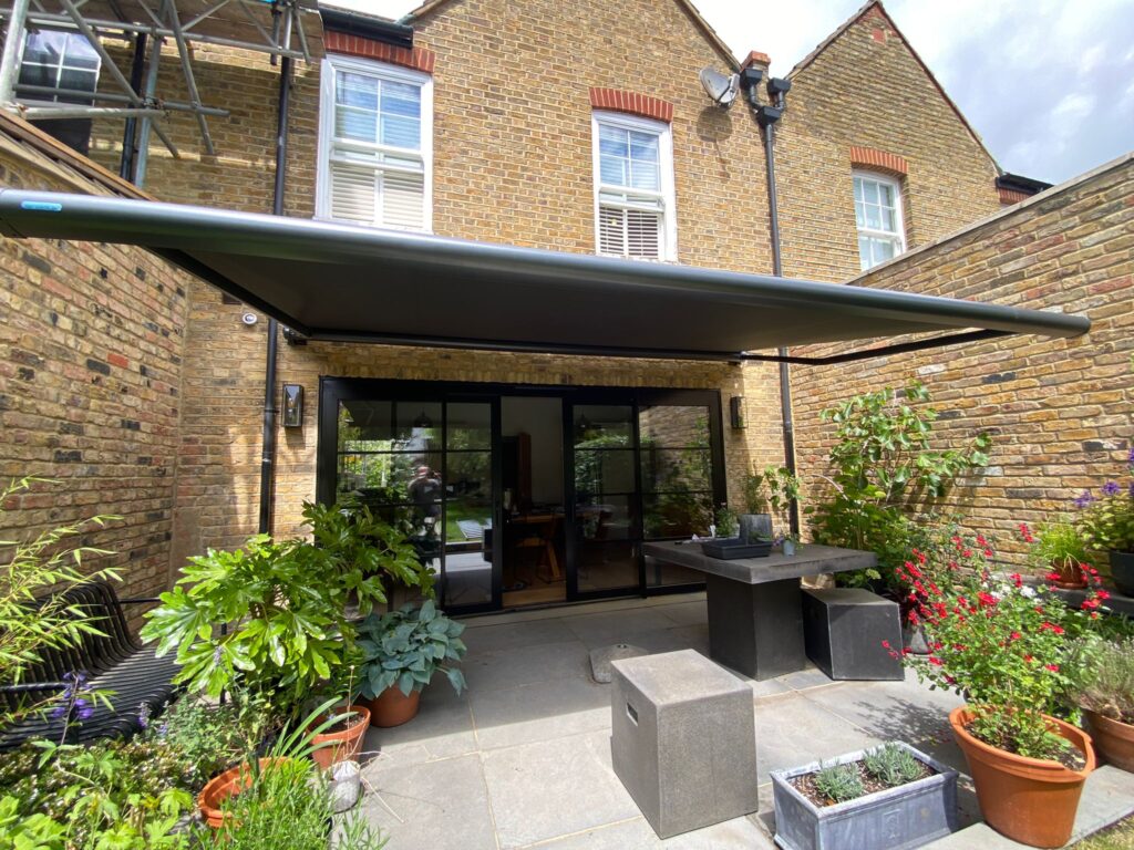 Front view of dark grey patio awning