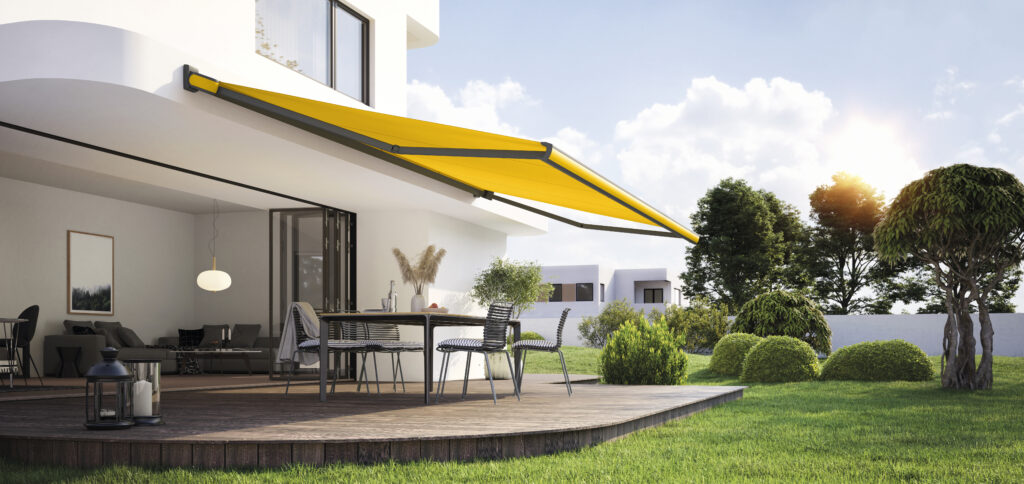 Far side view of yellow patio awning