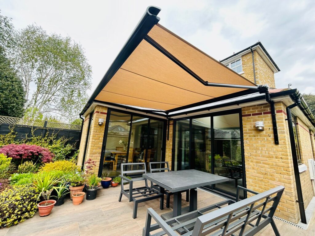 Orange-yellow patio awning underside view