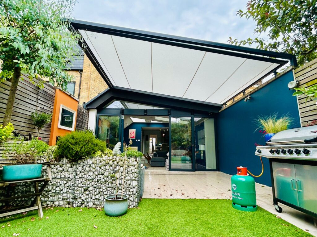 An on glass awning on a patio roof